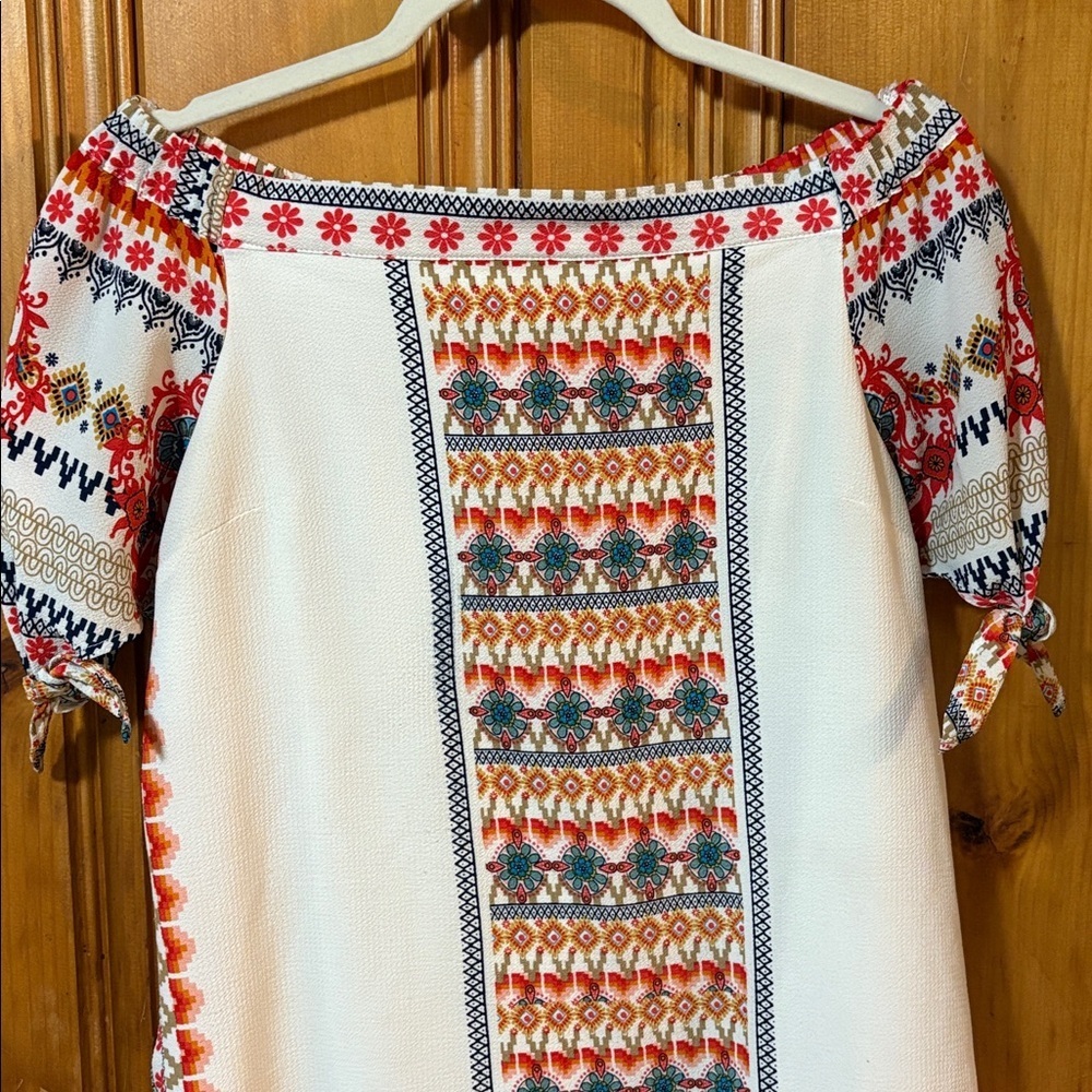 Monteau Multicolor Patterned Dress - Shift Dress - Off the Shoulder - Size Small - Picture 4 of 10
